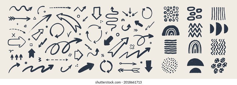 Abstract arrows and organic shapes set. Various doodle arrows and art elements with grunge texture. Hand-drawn abstract infographic Vector collection.