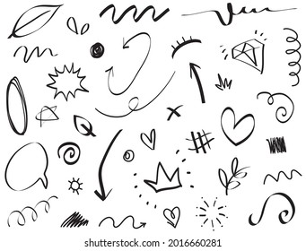 Abstract arrows, ribbons, crowns, hearts, explosions and other elements in hand drawn style for concept design. Doodle illustration. Vector template for decoration