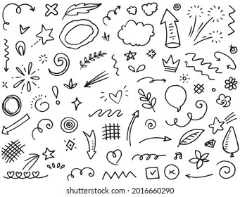 Abstract arrows, ribbons, crowns, hearts, explosions and other elements in hand drawn style for concept design. Doodle illustration. Vector template for decoration