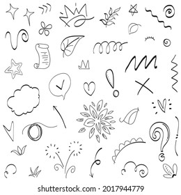 Abstract arrows, ribbons, crowns, hearts, explosions and other elements in hand drawn style for concept design. Doodle illustration. Vector template for decoration