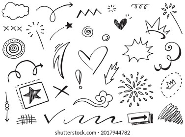 Abstract arrows, ribbons, crowns, hearts, explosions and other elements in hand drawn style for concept design. Doodle illustration. Vector template for decoration