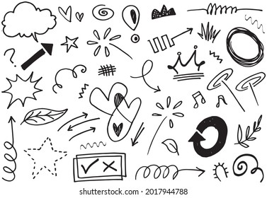 Abstract arrows, ribbons, crowns, hearts, explosions and other elements in hand drawn style for concept design. Doodle illustration. Vector template for decoration