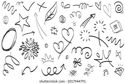 Abstract arrows, ribbons, crowns, hearts, explosions and other elements in hand drawn style for concept design. Doodle illustration. Vector template for decoration