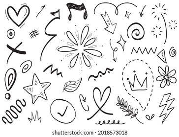 Abstract arrows, ribbons, crowns, hearts, explosions and other elements in hand drawn style for concept design. Doodle illustration. Vector template for decoration