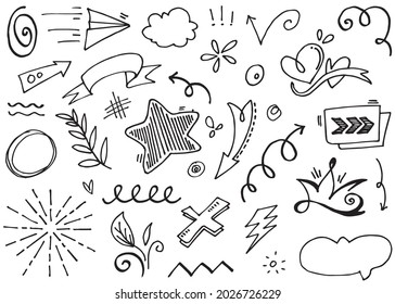 Abstract arrows, ribbons, crowns, hearts, explosions and other elements in hand drawn style for concept design. Doodle illustration. Vector template for decoration