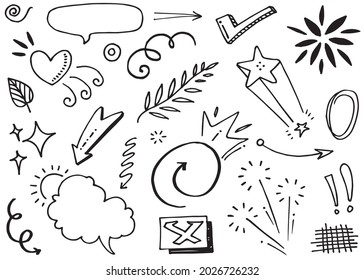Abstract arrows, ribbons, crowns, hearts, explosions and other elements in hand drawn style for concept design. Doodle illustration. Vector template for decoration