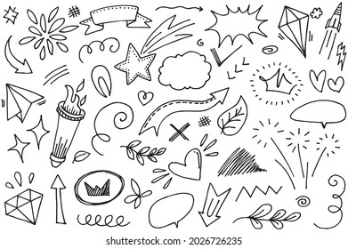 Abstract arrows, ribbons, crowns, hearts, explosions and other elements in hand drawn style for concept design. Doodle illustration. Vector template for decoration