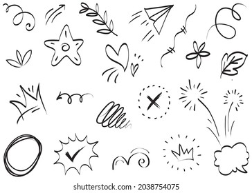 Abstract arrows, ribbons, crowns, hearts, explosions and other elements in hand drawn style for concept design. Doodle illustration. Vector template for decoration