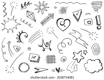 Abstract arrows, ribbons, crowns, hearts, explosions and other elements in hand drawn style for concept design. Doodle illustration. Vector template for decoration