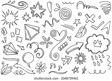 Abstract arrows, ribbons, crowns, hearts, explosions and other elements in hand drawn style for concept design. Doodle illustration. Vector template for decoration