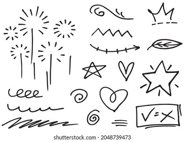 Abstract arrows, ribbons, crowns, hearts, explosions and other elements in hand drawn style for concept design. Doodle illustration. Vector template for decoration