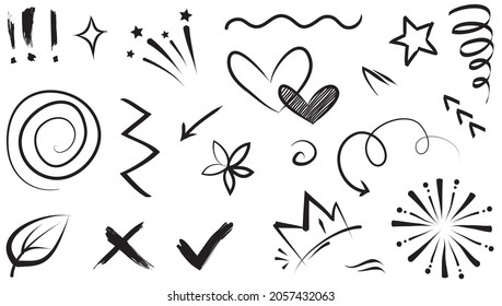 Abstract arrows, ribbons, crowns, hearts, explosions and other elements in hand drawn style for concept design. Doodle illustration. Vector template for decoration