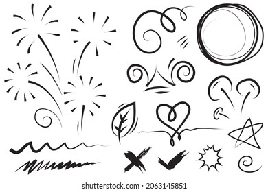 Abstract arrows, ribbons, crowns, hearts, explosions and other elements in hand drawn style for concept design. Doodle illustration. Vector template for decoration