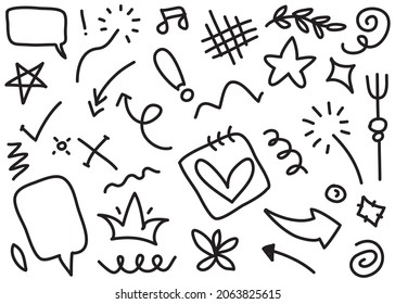 Abstract arrows, ribbons, crowns, hearts, explosions and other elements in hand drawn style for concept design. Doodle illustration. Vector template for decoration