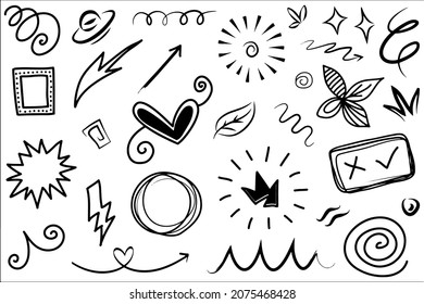 Abstract arrows, ribbons, crowns, hearts, explosions and other elements in hand drawn style for concept design. Doodle illustration. Vector template for decoration