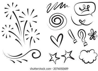 Abstract arrows, ribbons, crowns, hearts, explosions and other elements in hand drawn style for concept design. Doodle illustration. Vector template for decoration