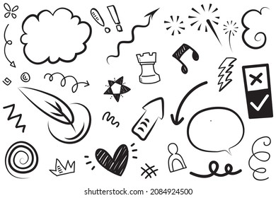Abstract arrows, ribbons, crowns, hearts, explosions and other elements in hand drawn style for concept design. Doodle illustration. Vector template for decoration