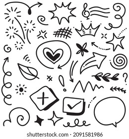 Abstract arrows, ribbons, crowns, hearts, explosions and other elements in hand drawn style for concept design. Doodle illustration. Vector template for decoration