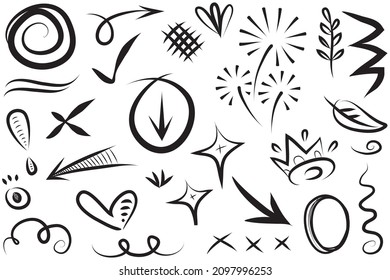 Abstract arrows, ribbons, crowns, hearts, explosions and other elements in hand drawn style for concept design. Doodle illustration. Vector template for decoration