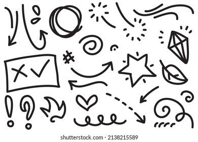 Abstract arrows, ribbons, crowns, hearts, explosions and other elements in hand drawn style for concept design. Doodle illustration. Vector template for decoration