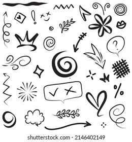 Abstract arrows, ribbons, crowns, hearts, explosions and other elements in hand drawn style for concept design. Doodle illustration. Vector template for decoration