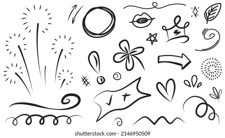 Abstract arrows, ribbons, crowns, hearts, explosions and other elements in hand drawn style for concept design. Doodle illustration. Vector template for decoration