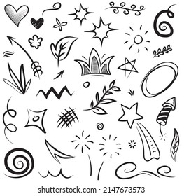 Abstract arrows, ribbons, crowns, hearts, explosions and other elements in hand drawn style for concept design. Doodle illustration. Vector template for decoration