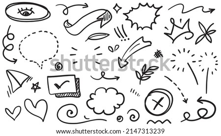 Abstract arrows, ribbons, crowns, hearts, explosions and other elements in hand drawn style for concept design. Doodle illustration. Vector template for decoration