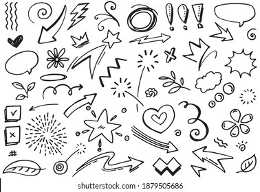 Abstract arrows, ribbons, fireworks, hearts, lightning,love , leaf, stars, cone, crowns and other elements in a hand drawn style for concept designs. Scribble illustration.