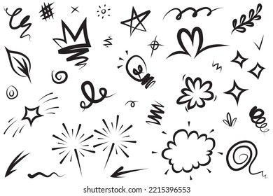 Abstract arrows, ribbons, fireworks, hearts, lightning,love , leaf, stars, cone, crowns and other elements in a hand drawn style for concept designs. Scribble illustration.