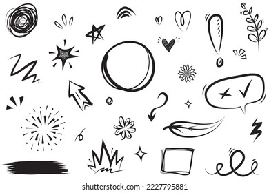 Abstract arrows, ribbons, fireworks, hearts, lightning,love , leaf, stars, cone, crowns and other elements in a hand drawn style for concept designs. Scribble illustration.