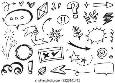 Abstract arrows, ribbons, fireworks, hearts, lightning,love , leaf, stars, cone, crowns and other elements in a hand drawn style for concept designs. Scribble illustration.