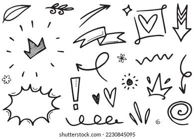 Abstract arrows, ribbons, fireworks, hearts, lightning,love , leaf, stars, cone, crowns and other elements in a hand drawn style for concept designs. Scribble illustration.