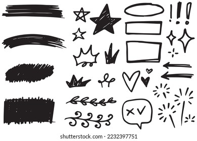 Abstract arrows, ribbons, fireworks, hearts, lightning,love , leaf, stars, cone, crowns and other elements in a hand drawn style for concept designs. Scribble illustration.