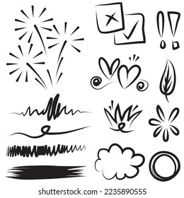 Abstract arrows, ribbons, fireworks, hearts, lightning,love , leaf, stars, cone, crowns and other elements in a hand drawn style for concept designs. Scribble illustration.