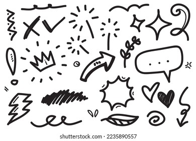 Abstract arrows, ribbons, fireworks, hearts, lightning,love , leaf, stars, cone, crowns and other elements in a hand drawn style for concept designs. Scribble illustration.