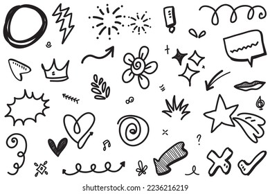 Abstract arrows, ribbons, fireworks, hearts, lightning,love , leaf, stars, cone, crowns and other elements in a hand drawn style for concept designs. Scribble illustration.