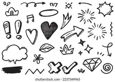 Abstract arrows, ribbons, fireworks, hearts, lightning,love , leaf, stars, cone, crowns and other elements in a hand drawn style for concept designs. Scribble illustration.