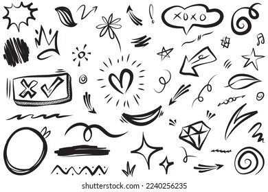 Abstract arrows, ribbons, fireworks, hearts, lightning,love , leaf, stars, cone, crowns and other elements in a hand drawn style for concept designs. Scribble illustration.