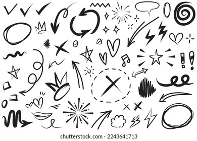 Abstract arrows, ribbons, fireworks, hearts, lightning,love , leaf, stars, cone, crowns and other elements in a hand drawn style for concept designs. Scribble illustration.