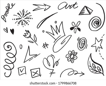 Abstract arrows, ribbons, hearts, stars, crowns and other elements in a hand drawn style for concept designs. Scribble illustration. Vector illustration.