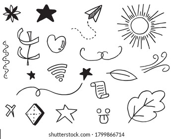 Abstract arrows, ribbons, hearts, stars, crowns and other elements in a hand drawn style for concept designs. Scribble illustration. Vector illustration.