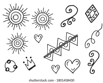 Abstract arrows, ribbons, hearts, stars, crowns and other elements in a hand drawn style for concept designs. Scribble illustration. Vector illustration.