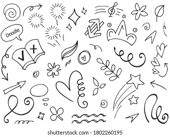 Abstract arrows, ribbons, hearts, stars, crowns and other elements in a hand drawn style for concept designs. Scribble illustration. Vector illustration.