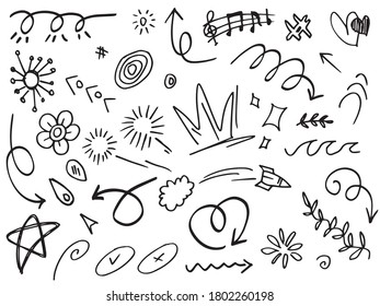 Abstract arrows, ribbons, hearts, stars, crowns and other elements in a hand drawn style for concept designs. Scribble illustration. Vector illustration.