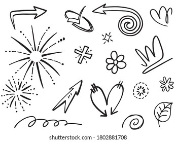 Abstract arrows, ribbons, hearts, stars, crowns and other elements in a hand drawn style for concept designs. Scribble illustration. Vector illustration.