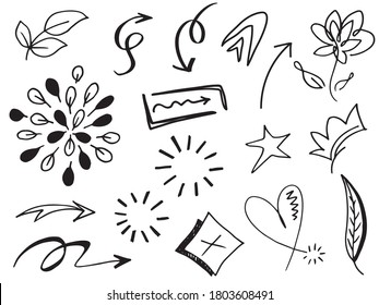 Abstract arrows, ribbons, hearts, stars, crowns and other elements in a hand drawn style for concept designs. Scribble illustration. Vector illustration.