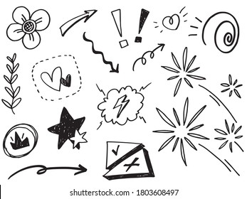 Abstract arrows, ribbons, hearts, stars, crowns and other elements in a hand drawn style for concept designs. Scribble illustration. Vector illustration.