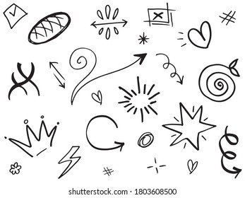 Abstract arrows, ribbons, hearts, stars, crowns and other elements in a hand drawn style for concept designs. Scribble illustration. Vector illustration.