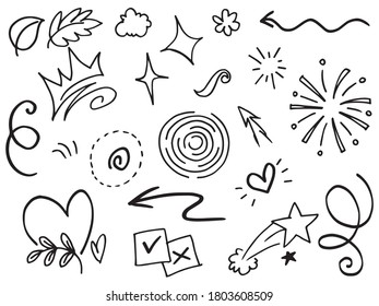 Abstract arrows, ribbons, hearts, stars, crowns and other elements in a hand drawn style for concept designs. Scribble illustration. Vector illustration.